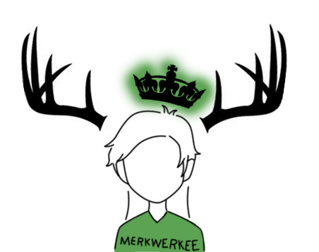 a person in a green shirt with a small crown and deer antlers